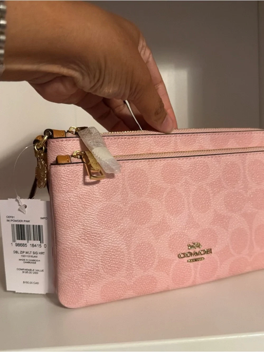 NWT Coach Double Zip Wristlet In Signature Canvas With Charm CEF61 Powder Pink - Picture 2 of 7